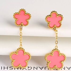 Alhambra Pink Luck Four Clover Gold Flower Stainless Steel Drop Earrings